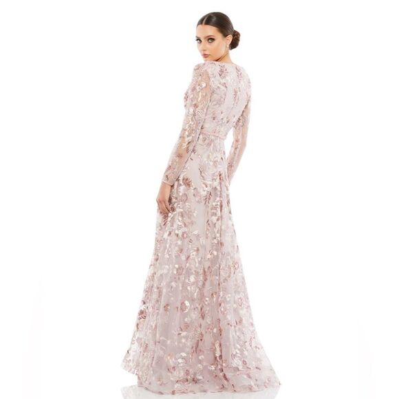 Mac Duggal EMBELLISHED V NECK ILLUSION LONG SLEEVE A LINE GOWN in rose size 4 - Picture 2 of 12